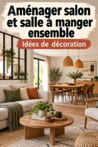 Un salon et salle à manger unis dans une ambiance chaleureuse, montrant une déco moderne et accessible.