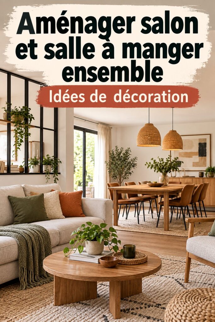 Un salon et salle à manger unis dans une ambiance chaleureuse, montrant une déco moderne et accessible.
