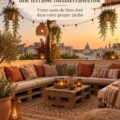 Une terrasse méditerranéenne bien aménagée avec des plantes et des meubles confortables.