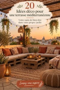 Une terrasse méditerranéenne bien aménagée avec des plantes et des meubles confortables.