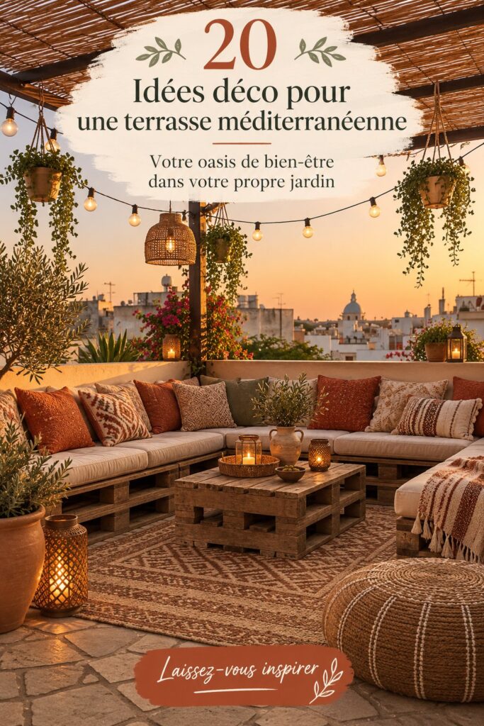 Une terrasse méditerranéenne bien aménagée avec des plantes et des meubles confortables.