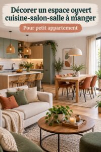 Un salon, salle à manger et cuisine harmonieusement aménagés dans un espace ouvert.