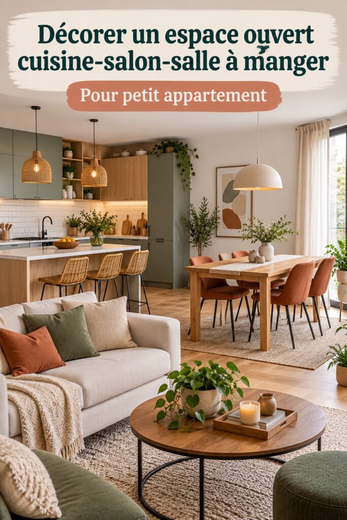 Un salon, salle à manger et cuisine harmonieusement aménagés dans un espace ouvert.