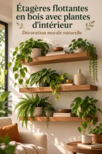 Étagères en bois flottantes décorées avec des plantes d'intérieur pour un intérieur chaleureux.