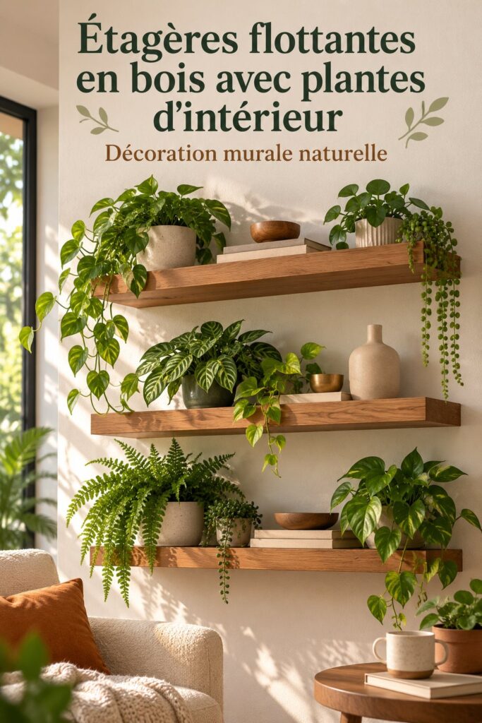 Étagères en bois flottantes décorées avec des plantes d'intérieur pour un intérieur chaleureux.