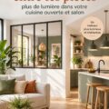 Fenêtres intérieures lumineuses reliant une cuisine et un salon, apportant lumière et chaleur au décor.