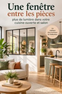 Fenêtres intérieures lumineuses reliant une cuisine et un salon, apportant lumière et chaleur au décor.