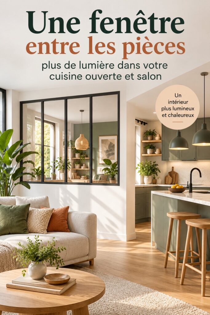 Fenêtres intérieures lumineuses reliant une cuisine et un salon, apportant lumière et chaleur au décor.