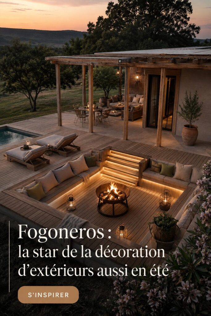 Un feu de patio créant une ambiance chaleureuse dans un jardin en été.