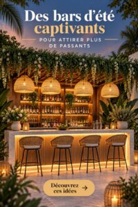 Un bar d'été charmant et accueillant sur une terrasse décorée avec goût.