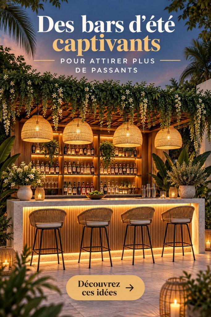 Un bar d'été charmant et accueillant sur une terrasse décorée avec goût.