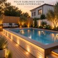 Un jardin illuminé avec des guirlandes et des lanternes, offrant une ambiance chaleureuse et accueillante.