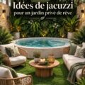 Jacuzzi extérieur dans un jardin avec des plantes et une ambiance relaxante