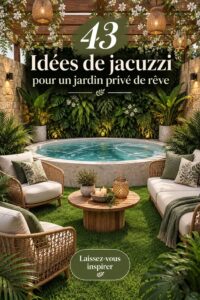 Jacuzzi extérieur dans un jardin avec des plantes et une ambiance relaxante