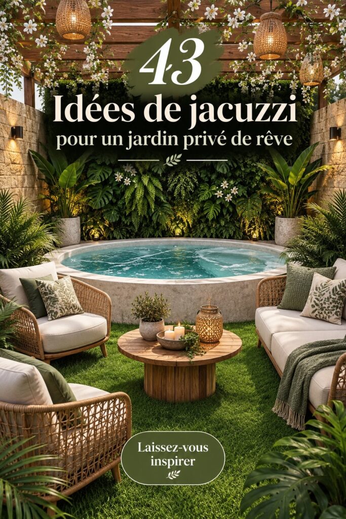 Jacuzzi extérieur dans un jardin avec des plantes et une ambiance relaxante