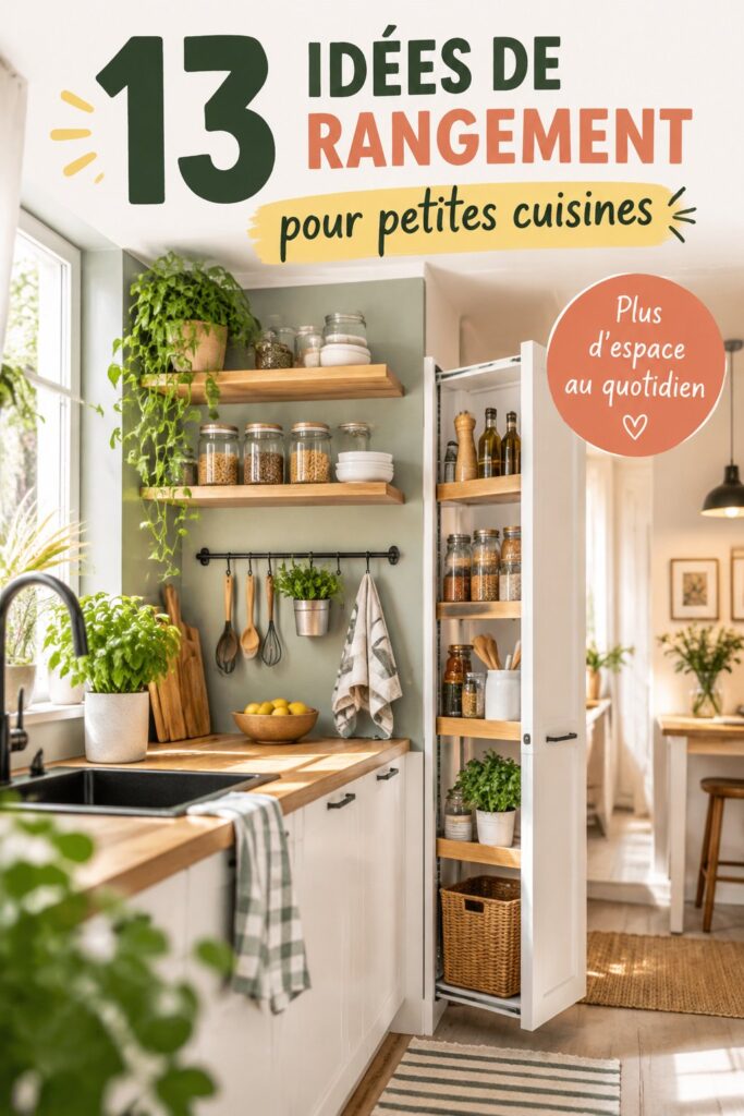 Aperçu d'une petite cuisine avec des solutions de rangement modernes et pratiques.