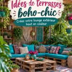 Terrasse Boho-Chic colorée avec coussins et plantes vertes