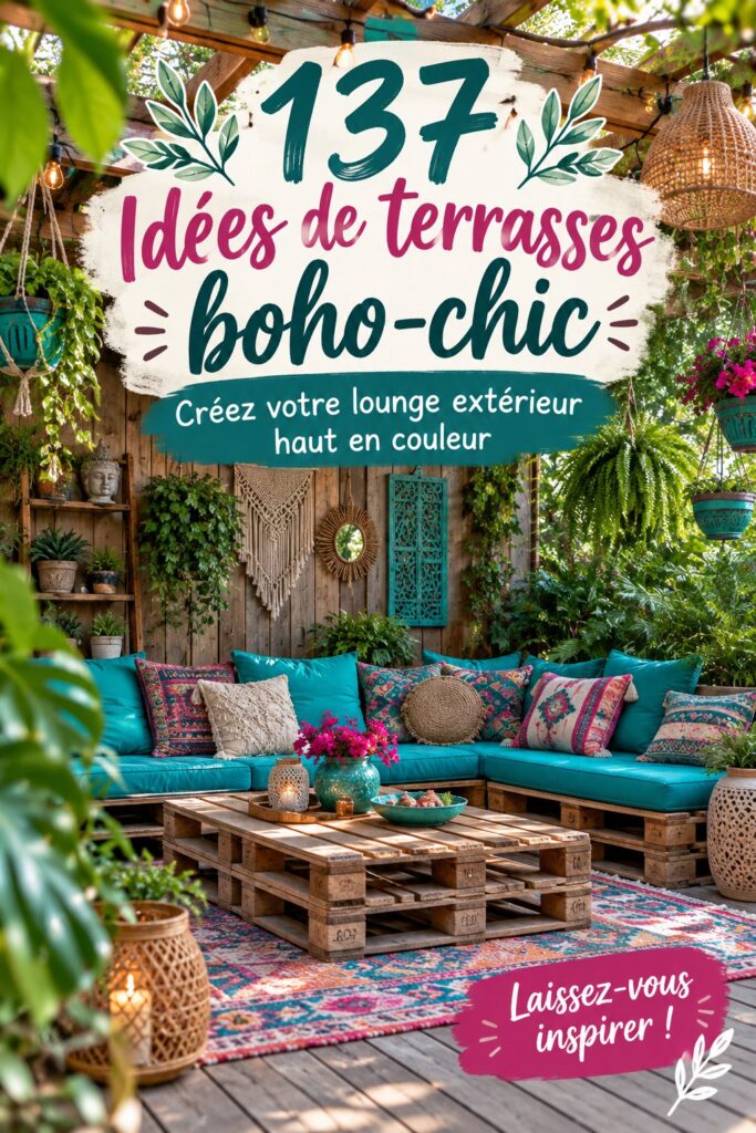 Terrasse Boho-Chic colorée avec coussins et plantes vertes