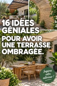 Terrasse ombragée avec des plantes et des parasols, idéale pour se détendre.