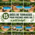 Terrasse en bois autour d'une piscine hors-sol, décorée de plantes vertes