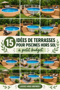 Terrasse en bois autour d'une piscine hors-sol, décorée de plantes vertes