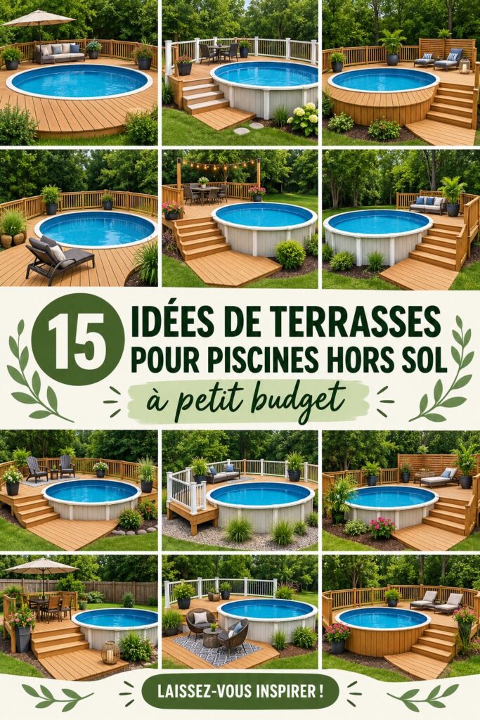 Terrasse en bois autour d'une piscine hors-sol, décorée de plantes vertes