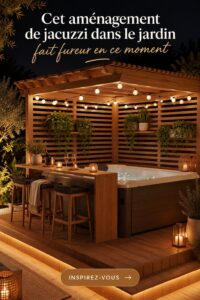 Un beau jardin avec un jacuzzi moderne intégré dans l'espace vert.