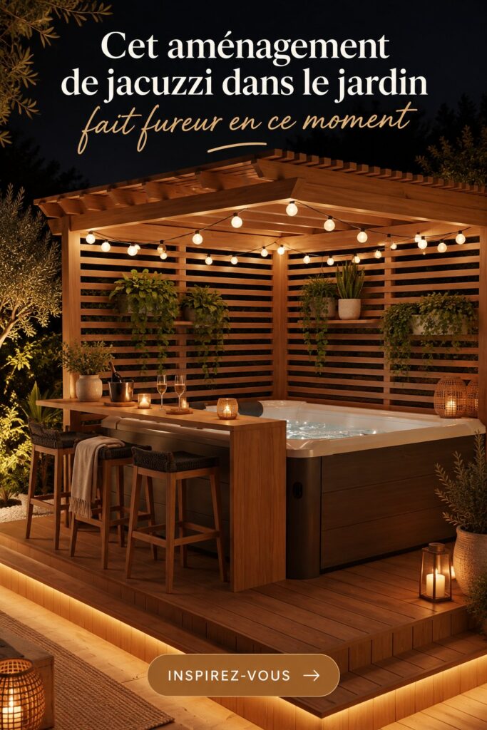 Un beau jardin avec un jacuzzi moderne intégré dans l'espace vert.