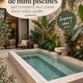 Mini piscine installée dans un petit jardin avec des plantes et des chaises de jardin