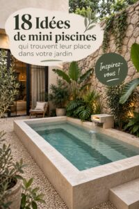 Mini piscine installée dans un petit jardin avec des plantes et des chaises de jardin