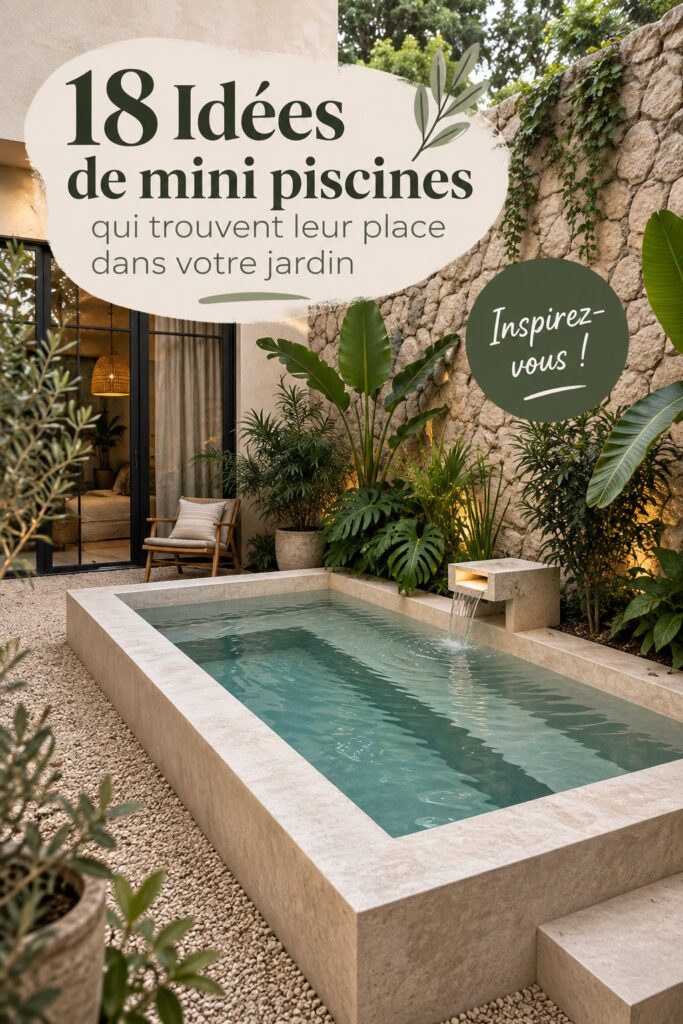 Mini piscine installée dans un petit jardin avec des plantes et des chaises de jardin
