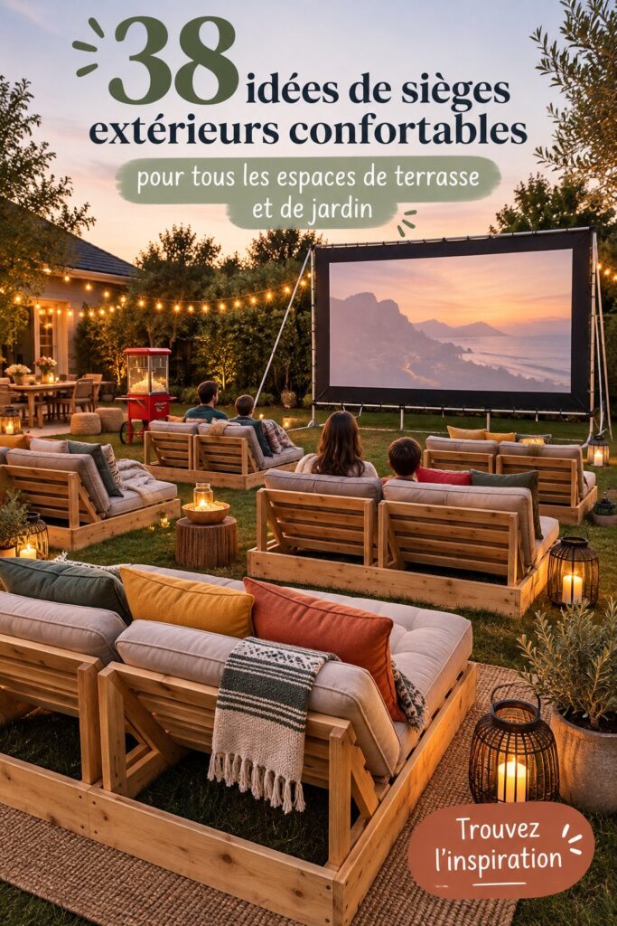 Salon de jardin confortable avec des fauteuils et des coussins disposés sur une terrasse ensoleillée.