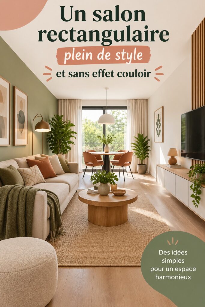 Un salon rectangulaire bien aménagé avec une décoration chaleureuse et accueillante.