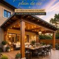 Un patio couvert multi-niveaux avec des meubles confortables et des plantes fleuries