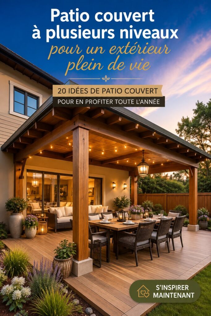 Un patio couvert multi-niveaux avec des meubles confortables et des plantes fleuries