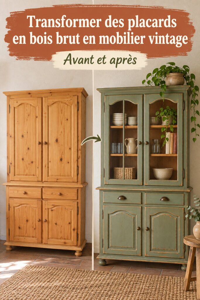 Avant-après d'un meuble en pin relooké, montrant une transformation accueillante et moderne.