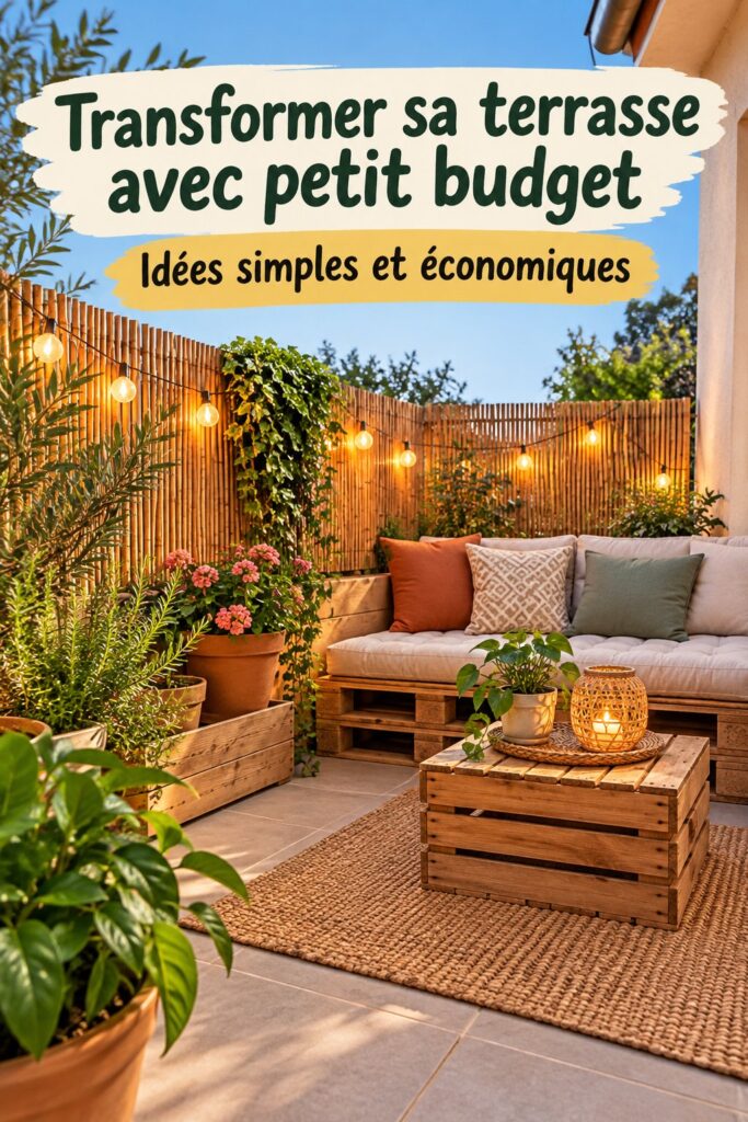 Un patio joliment décoré avec des meubles en bois et des plantes vivantes, représentant une transformation économique.