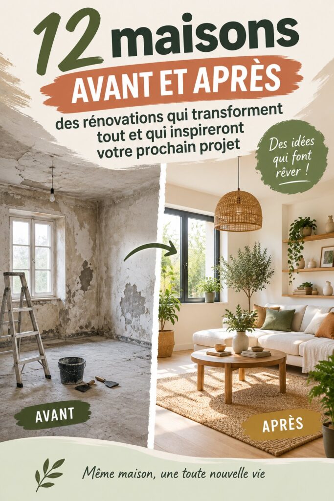 Transformation d'une maison avant et après la rénovation avec une décoration moderne et accessible.