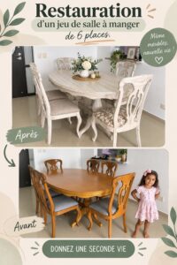 Table de salle à manger rustique en bois restaurée avec soin.