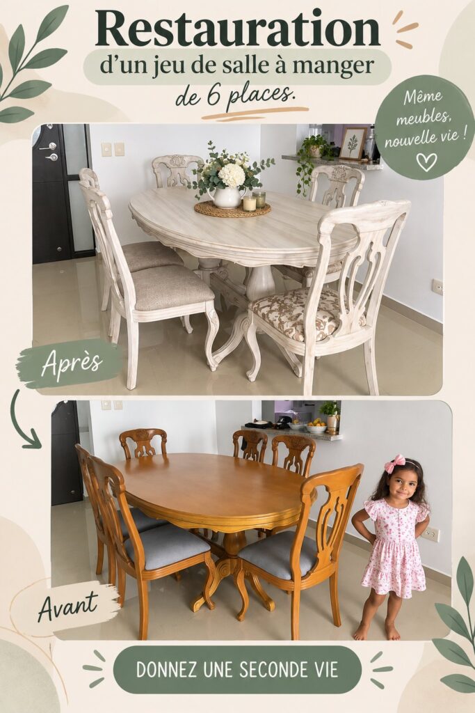 Table de salle à manger rustique en bois restaurée avec soin.