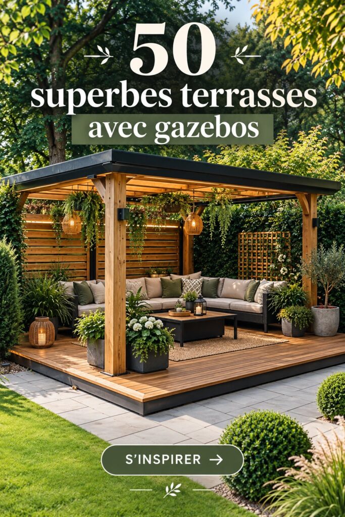 Terrasse élégante avec abri en bois, équipée de meubles confortables et de plantes