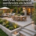 Un patio en béton moderne avec des plantes et du mobilier extérieur élégant dans un jardin accueillant.
