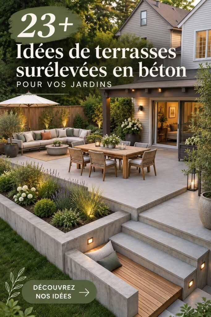 Un patio en béton moderne avec des plantes et du mobilier extérieur élégant dans un jardin accueillant.
