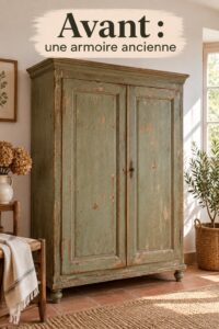 Un meuble ancien rénové avec une belle finition, illustrant la transformation réussie d'une armoire vintage.
