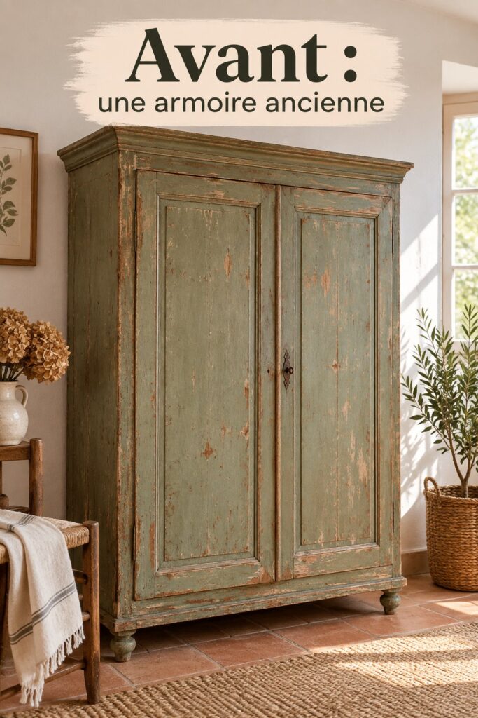Un meuble ancien rénové avec une belle finition, illustrant la transformation réussie d'une armoire vintage.
