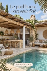 Un pool house accueillant avec des meubles confortables et une ambiance détendue.