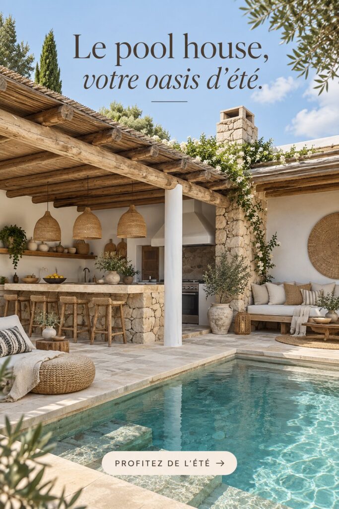 Un pool house accueillant avec des meubles confortables et une ambiance détendue.