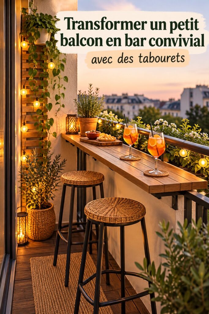 Petit balcon aménagé avec un bar chaleureux et convivial