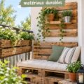 Un balcon décoré avec des meubles en bois de récupération, créant une ambiance chaleureuse et accueillante.