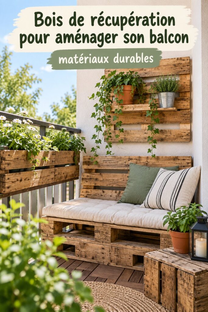 Un balcon décoré avec des meubles en bois de récupération, créant une ambiance chaleureuse et accueillante.